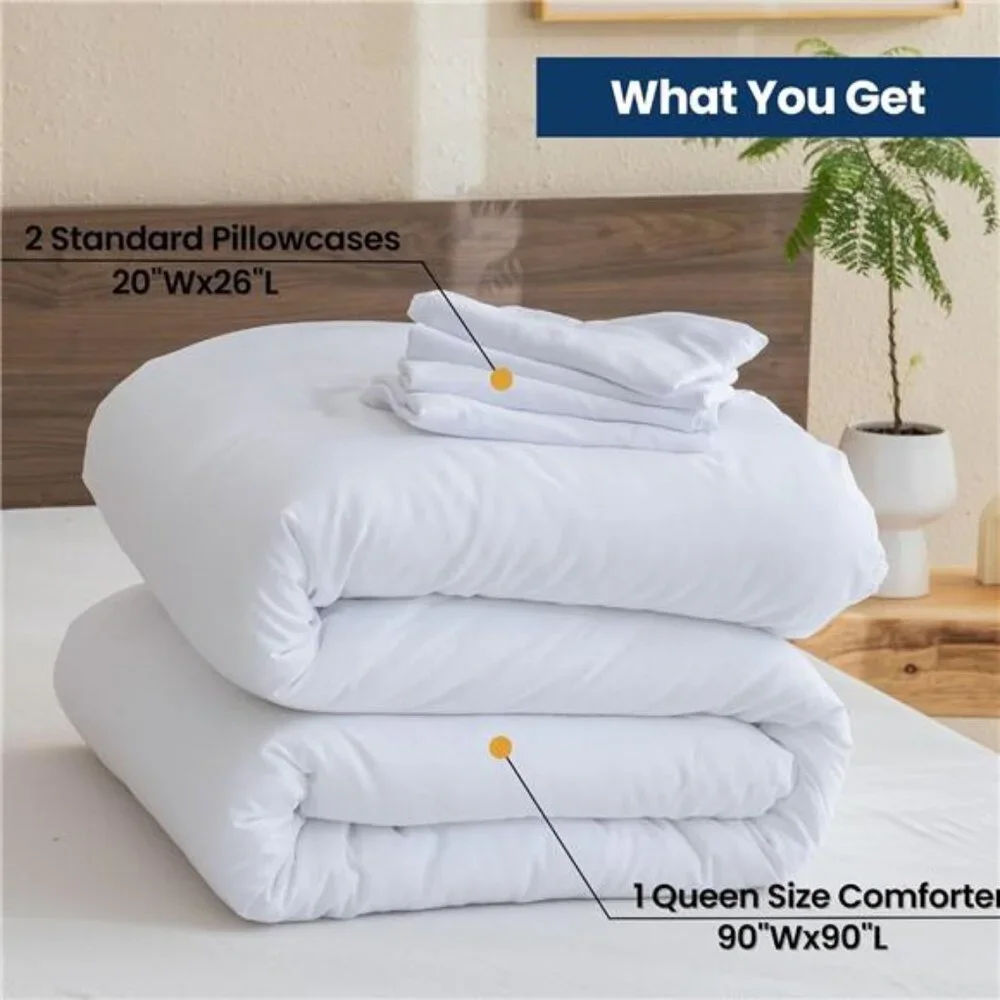 Classic Pure White Comforter Queen Size, 3 Pieces Boho Comforter Set